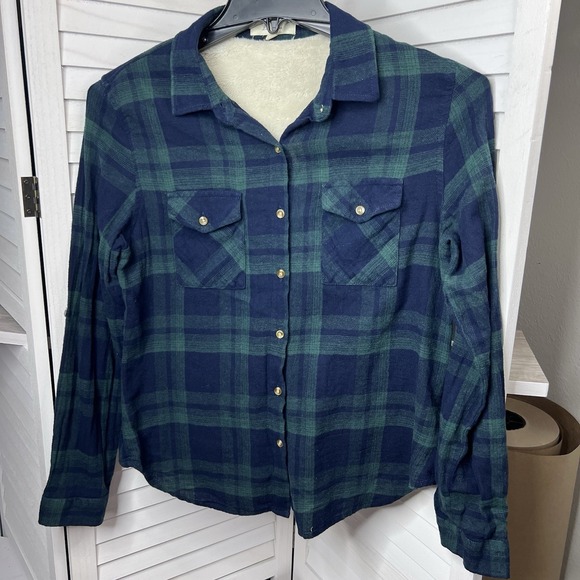 Anthropologie Love Notes Womens Flannel w/‎ Fleece Back Plaid Blue Green Sz Med - Picture 1 of 9